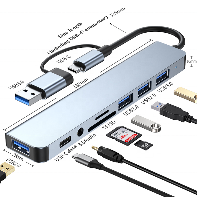 Dual-Head 8-in-1 Aluminium Alloy Docking Station Hub USB-C 3.0 with SD Card Support PD Charging Adapter for Laptop/Phone/iPad