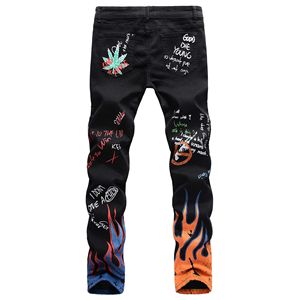 Vaqueros de mezclilla elásticos de corte bootcut ajustados para hombre, estilo urbano, de cintura media, lavado medio, con estampado de calavera, estilo urbano, para otoño. - Product Image 3