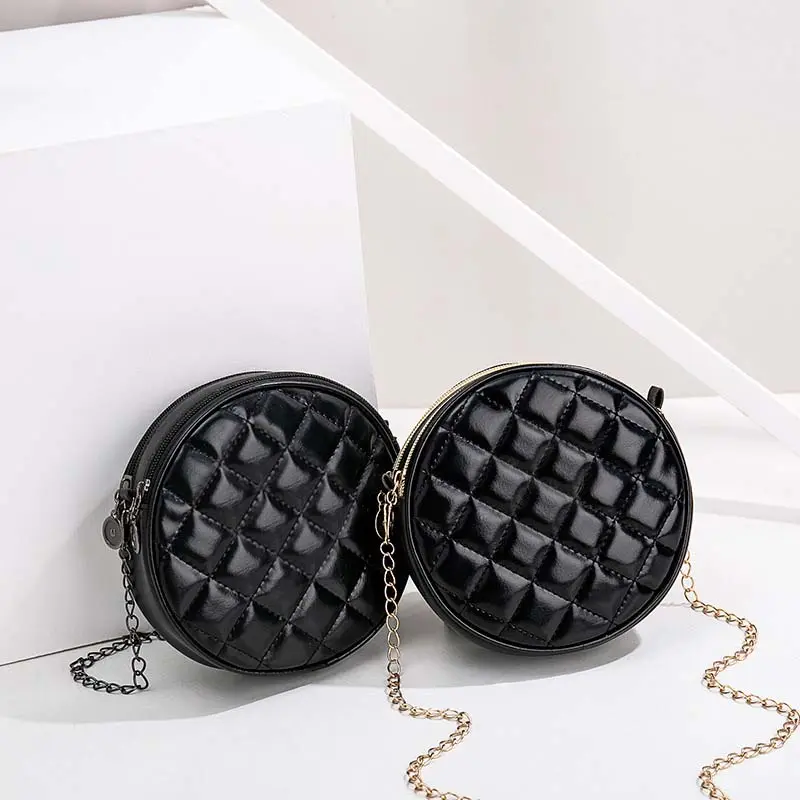 Trendy promotion cheap gift leather pu small round clutch bag women sling shoulder slung ladies chain strap phone bag