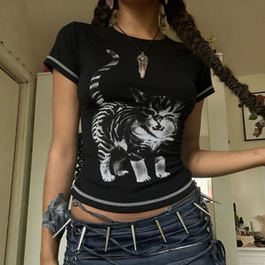 Camiseta de Manga Corta con Estampado de Gato, Estilo Retro Y2K, Hombros Rectos, Color de Contraste, Sexy y a la Moda - Product Image 2