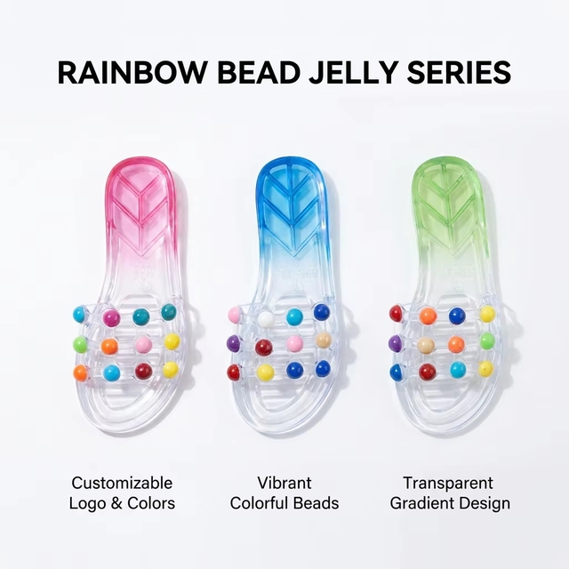 Custom Logo Beaded Women Jelly for Luxury Gradient Transparent PVC Summer Beach Sandals Pearl Decor Fashion Trend