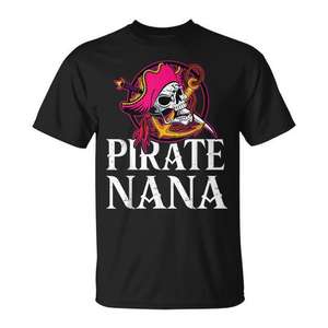 Camiseta Pirate Nana Grandma con diseño de espada y calavera rosa, cuello redondo negro, talla para adulto - Product Image 1