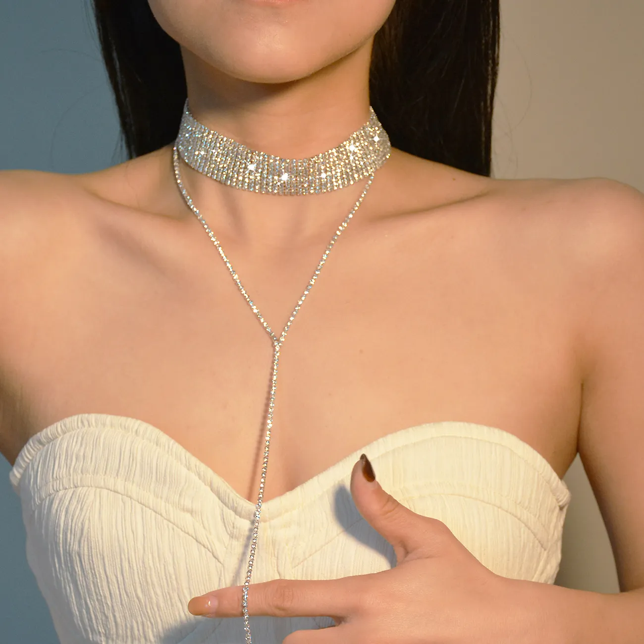 Rhinestone Choker With Long Necklace For Women Wedding Jewelry Women Sexy Diamond Necklace