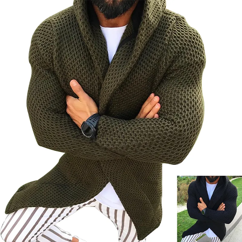 2021 New Men's Long Hooded Cardigan Male Autumn Black Green Cardigan Coat Casual Solid Color Sweaters Outerwear S-3XL