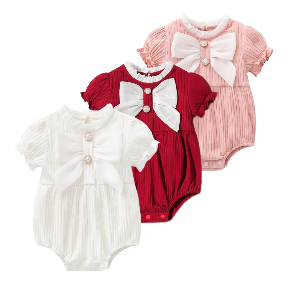 Nieuwe Mode Zomer Korte Mouw Strik Pasgeboren Jumpsuits Super Schattige Katoenen Baby Meisjes Rompertjes