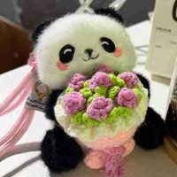Porte-clés Panda en Peluche Mignon au Crochet avec Fleurs, Breloque de Sac, Pendentif Jouet Animal en Peluche Miniature 3D Doux et Moelleux, Accessoire de Sac