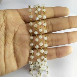 Natural Rainbow Moonstone Smooth 3mm Round Beaded Brass Wire Wrapped Handmade <b>Rosary</b> Chain - Product Image 4