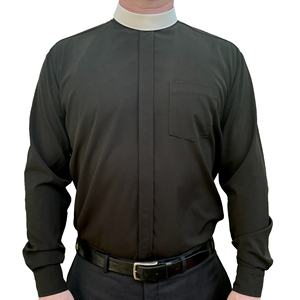 Chemise de clergé en coton pur noir à manches longues avec poche, patte de boutonnage dissimulée, col romain, chemise de prêtre, fabricant OEM - Product Image 1