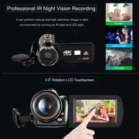 Caméra vidéo numérique 4K, caméscope 48MP, utilisable comme webcam pour la diffusion en direct, vision nocturne IR, WiFi 3.0, écran tactile