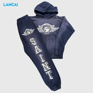 Celana kustom hoodie gambar layar French Terry celana Flare dengan panel pakaian jalan cuci asam pakaian olahraga pria