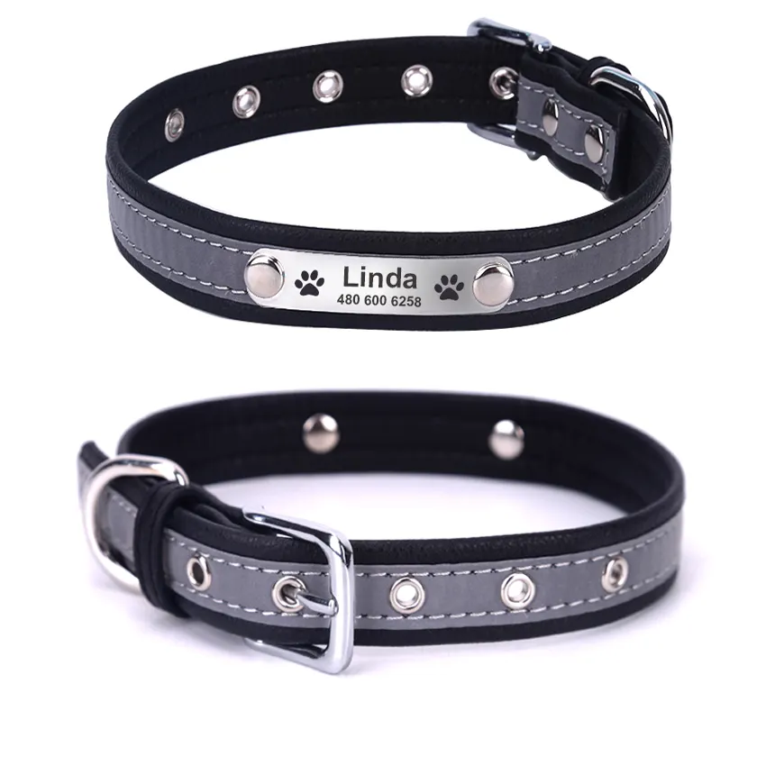 Ready to ship hot selling reflective soft leather ID engraved dog collar