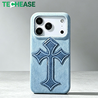 Coque de luxe en jean avec patch croisé la plus vendue pour iPhone 15 Pro Max, antichoc, accessoires pour iPhone 15 Pro, vente en gros, logo personnalisé en PU, OEM