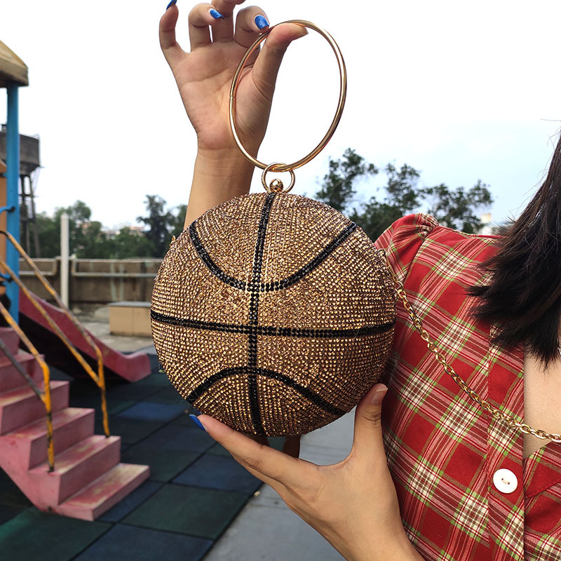 2024 Factory Manufacture Lady Basketball Purse Bling Diamond Chains Open Silicone Pvc Handbags For Office Casual Use Stock