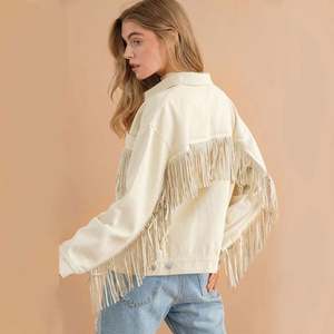 Veste longue en jean respirante pour femme, style streetwear décontracté, vintage, délavée, effilochée, avec franges, style urbain, blanc, noir, effet usé - Product Image 1