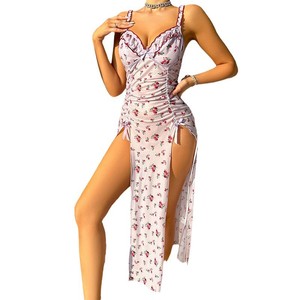 Chemise de nuit longue à bretelles pour femme, sexy, ajustée, en maille transparente imprimée avec fente – Meilleure vente - Product Image 4