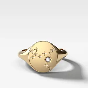 Starry Signet Ring With Stars 9K Solid Gold Moissanite Star Ring