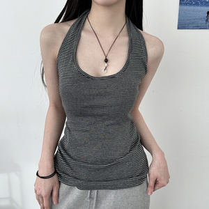 เสื้อกล้ามถักลายทางสไตล์วินเทจ Y2K สำหรับผู้หญิง คอ halter แบบ U โชว์หลัง สวมใส่สบายๆ ออกกำลังกาย เดินทาง ใช้งานได้หลากหลาย เป็นมิตรกับสิ่งแวดล้อม แห้งเร็ว - Product Image 1