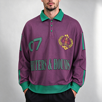 Sweat-shirt polo à manches longues pour homme, col contrastant, patte de boutonnage, appliqué brodé, pull universitaire, logo personnalisé OEM ODM