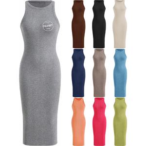 Robe sans manches élégante pour femmes broderie personnalisée 95% coton 5% Spandex tissu côtelé couleur unie longue coupe ajustée Design nouveau - Product Image 5