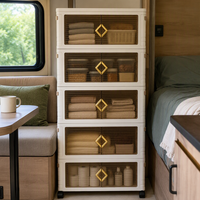 Armoire de rangement en plastique pour RV chez l'habitant avec roues légère empilable transparente porte or poignée voyageur chambre stockage