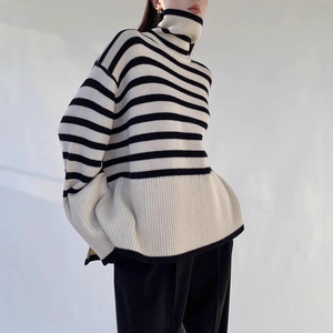 Pull à col roulé rayé pour femme, coupe ample, manches longues, tricot, style hiver - Product Image 3