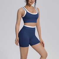 Kleurblok Workout Set Geribbelde Schokabsorberende Push-up Sportbeha Hoge Taille Buikverstevigende Heupliftende Shorts Yoga Set