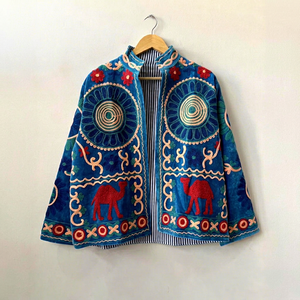 Elegant Blue <b>Velvet</b> Floral Embroidered Suzani <b>Jacket</b> With Camel Pattern Full Sleeve Stand Collar Bohemian <b>Women</b> Autumn Outerwear - Product Image 1