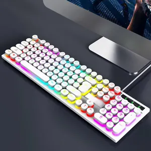 Gran oferta, 104 teclas, Teclado mecánico Retro, Arco Iris retroiluminado, Punk, teclas redondas, Teclado para juegos con cable USB