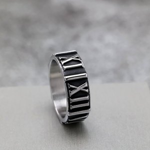 Vintage Stainless Steel Men's <b>Ring</b> Roman Numeral Relief Retro Geometric Design Gift Jewelry - Product Image 3