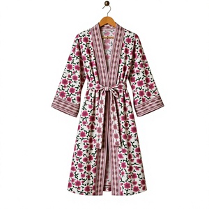 Conjunto de Pijama y Bata Kimono a Juego para Mujer, 100% Algodón, Estampado a Mano, Floral Rosa, Ropa de Dormir, Ropa de Estar por Casa, Set de Regalo - Product Image 6