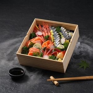 Caja de Sushi Cuadrada Desechable Ecológica de Madera Maciza Estilo Japonés, Tapa Transparente Acrílica Antivaho, Logotipo Personalizado - Product Image 1