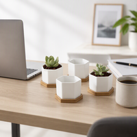 Pot de fleurs en céramique blanche pour plantes succulentes avec plateau en bambou, décoration