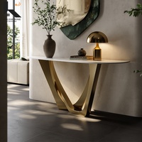 Console d'entrée de luxe avec plateau en pierre frittée et structure en acier inoxydable, table de canapé