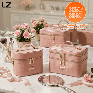 กระเป๋าเครื่องสำอางแบบสองชั้น LZ OEM กระเป๋าใส่เครื่องสำอางสำหรับเดินทาง ป้องกันคราบ หนัง PU สีชมพู สำหรับผู้หญิง - Product Image 5