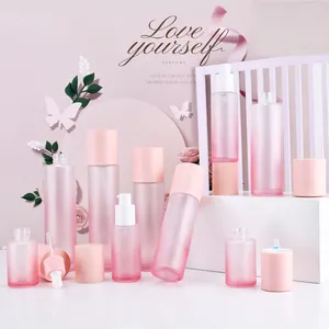Escarcha rosa de gama alta 30ml 60ml 100mL suero de perfume de vidrio cuentagotas de aceite esencial conjunto de envases cosméticos al por mayor para el cuidado de la piel
