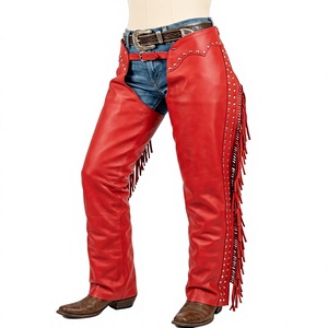 Chaparreras de Cuero Rojo de Alta Calidad con Flecos Largos y Tachuelas Plateadas, Equipo Ecuestre Premium al por Mayor - Product Image 1