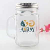 Hoogwaardige gepersonaliseerde logo 16oz 475ml vierkante glazen mason jar voor bier, fruitsap en dranken met handvat en aluminium deksel