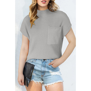 <span class=keywords><strong>Pull</strong></span> fileté simple et polyvalent à <span class=keywords><strong>manches</strong></span> <span class=keywords><strong>courtes</strong></span> et à <span class=keywords><strong>col</strong></span> haut de couleur unie pour femmes - Product Image 1