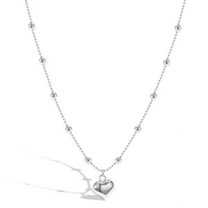 Dylam Simplicity <b>Statement</b> Design 925 Sterling Silver Rhodium Plated Beaded Chain Metal Heart Shape Pendant Jewelry <b>Necklace</b> - Product Image 1