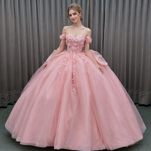 Vestido de Novia Estilo Quinceañera Los Ángeles Escote Corazón Color Rosa Caramelo Natural con Cuentas y Apliques de Encaje Hasta el Suelo - Product Image 1
