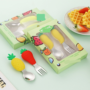 Custom Silicone 304 Stainless Steel <strong>Children's</strong> <strong>Cutlery</strong>, Fruit Pattern Spoon and Fork Set, Baby Feeding Spoon - Product Image 2