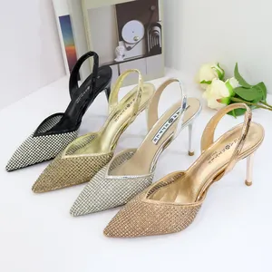 Summer newest wholesale custom heels fashion pointed toe sexy thin high heels rhinestone slingbacks sandals for women