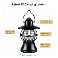 Lanterne LED vintage pour le camping en plein air, à intensité réglable, avec commande par bouton, portable, rechargeable, lampe d'ambiance pour le jardin, la terrasse