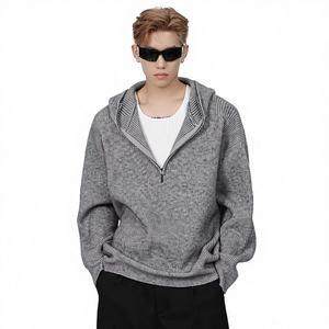 <span class=keywords><strong>Pull</strong></span> en polyester à capuche mi-zippé pour homme, couleur unie, style rétro décontracté, coupe ample et polyvalente, tendance automne/hiver, vêtement en maille pour adolescent - Product Image 1