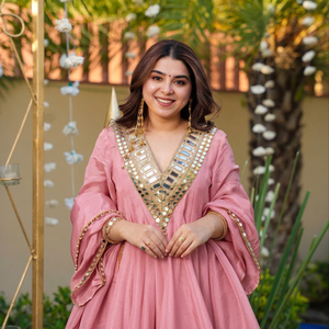 <b>Pink</b> Embroidered Shawl with Mirror Work Traditional Indian Pakistani Women's Wear Silk Soft Chinon Breathable Skin-Friendly - Product Image 4