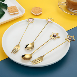 Stainless Steel Cutlery Set for Home Use Gold Matted Long Handle Spoon and Fork with <b>Star</b> Heart Pendant Flatware Sets - Product Image 1