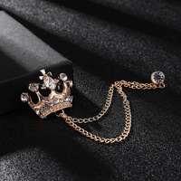 Broche vintage en cristal avec chaîne couronne pour homme, accessoire de costume, épingle de revers, badge de col, vente en gros