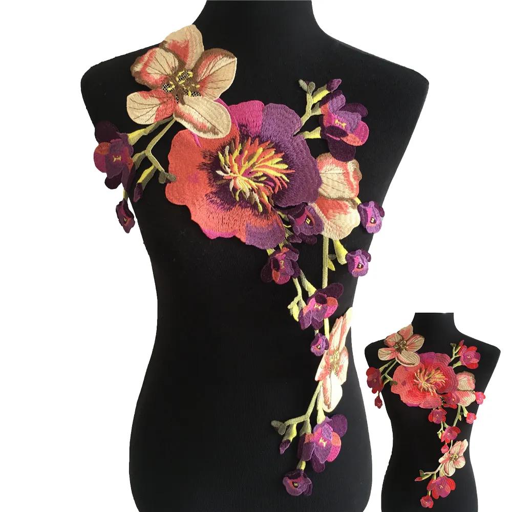 最新デザインカラフルローズ3Dフラワーパッチ刺繍レースアップリケかぎ針編みボーダーレーストリミング女性用ドレス