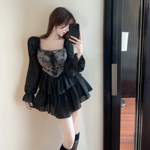 High-End Irregular Patchwork Dress Square Neck Tie-Waist Casual Daily Wear For Women Solid Color YX-9030 - Product Image 5