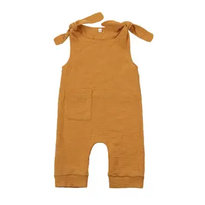 High quality Organic muslin Cotton Baby One Pieces Rompers kids overall with two shoulder bow